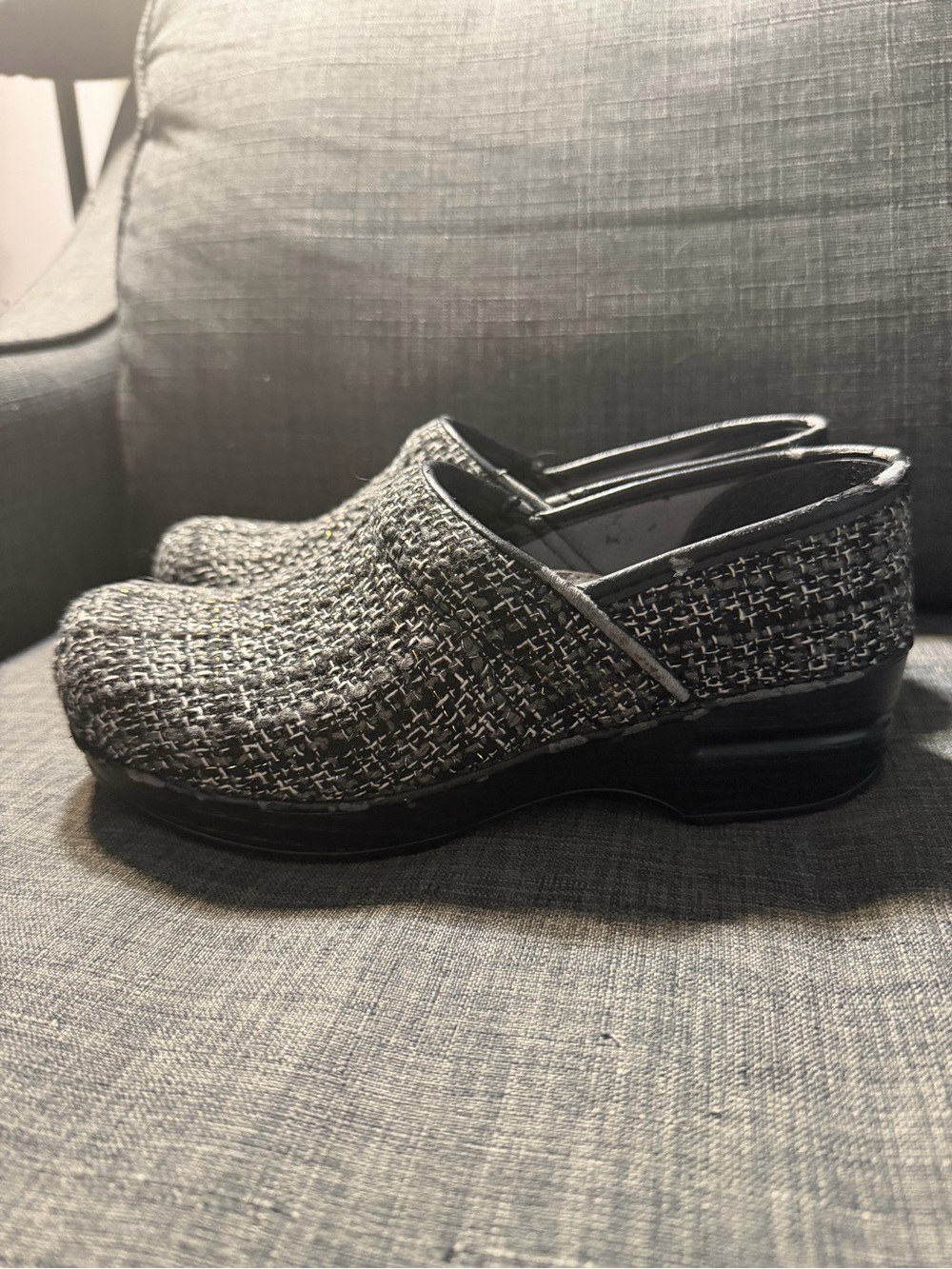 Dansko Black and Gray Tweed Mule Clogs